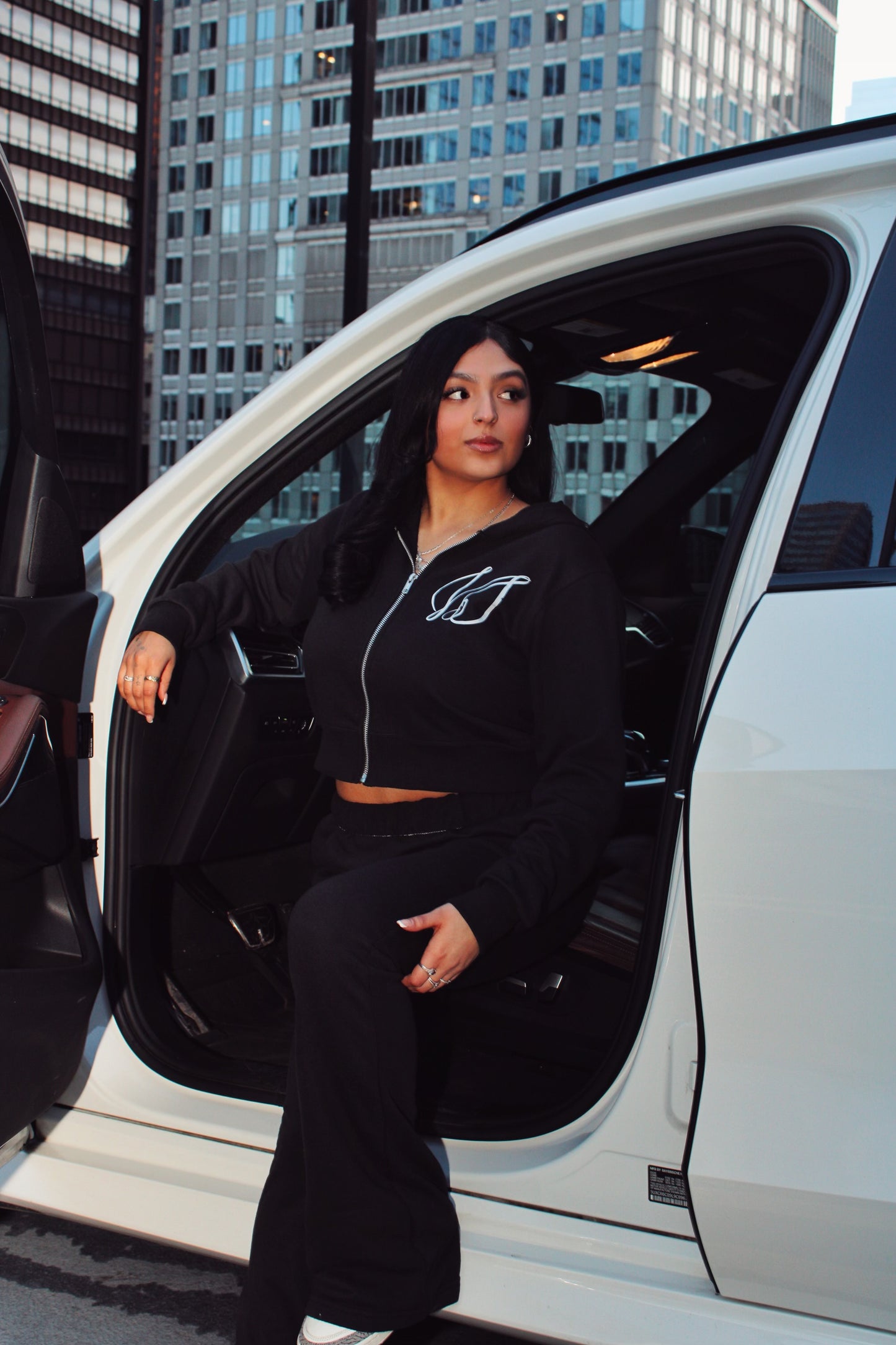 Black Rhinestone Sculpted Zip Up