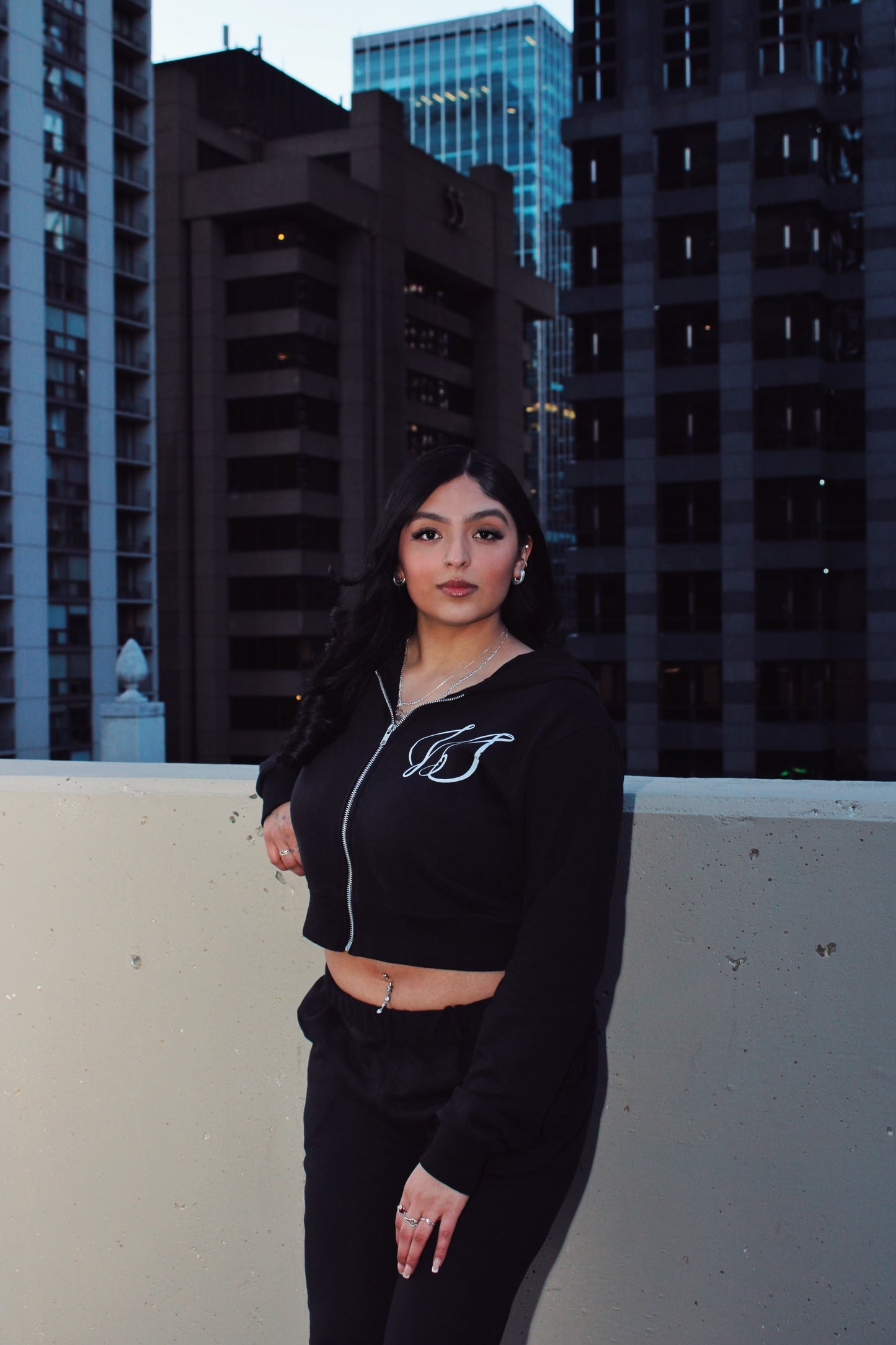 Black Rhinestone Sculpted Zip Up